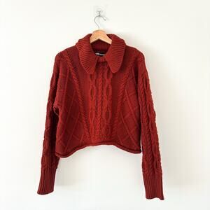 En Saison Chunky Knit Collar Long Sleeve Pullover Sweater Cognac Brown S
